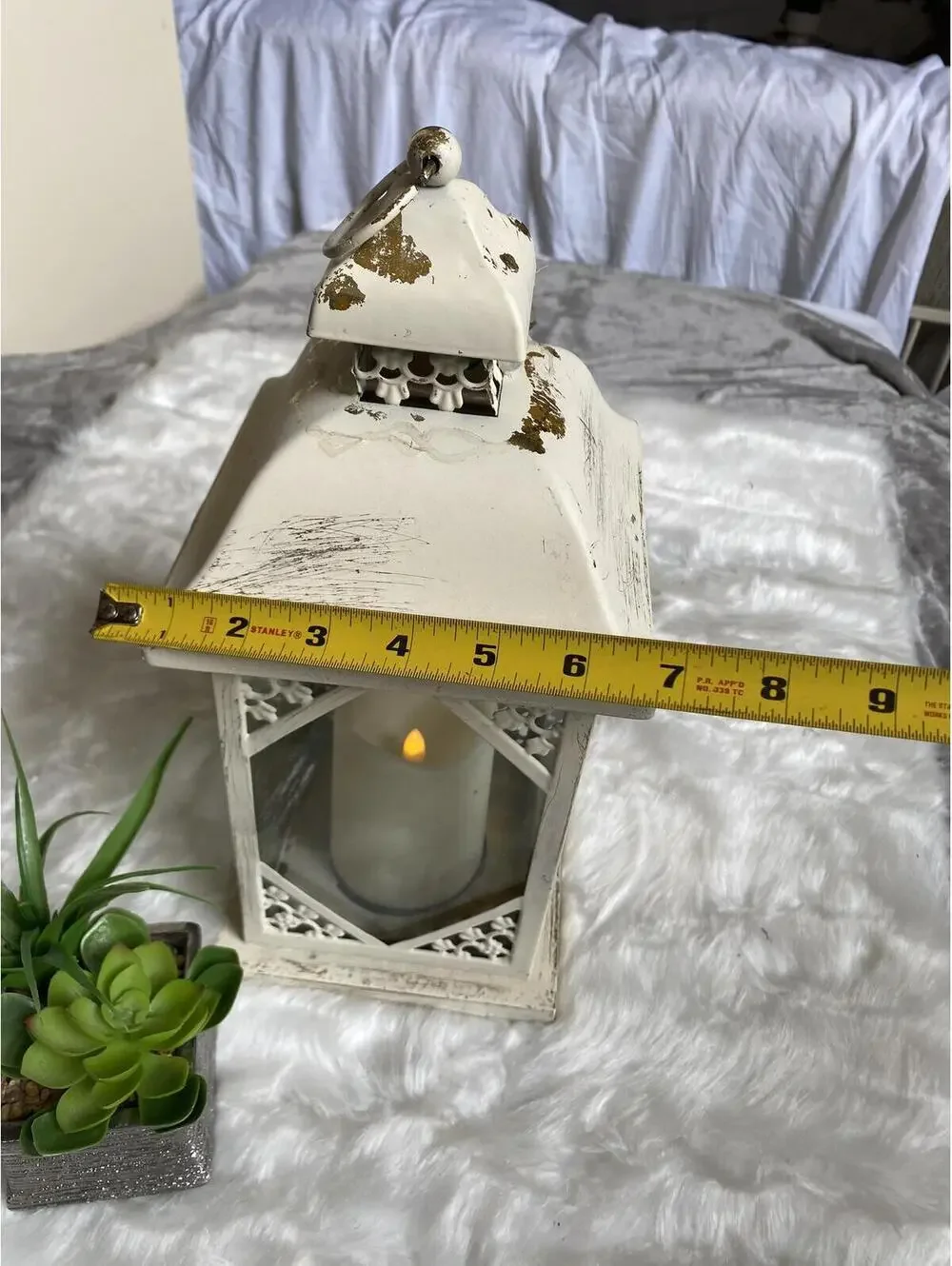 Vintage White Metal Lantern with LED Candle